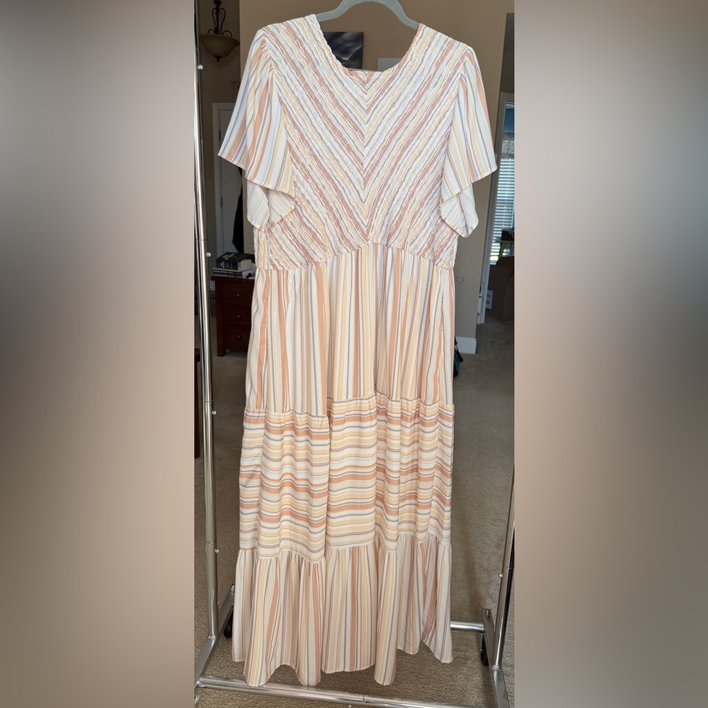 Polagram Cream and Tan Striped Boutique Maxi Dress